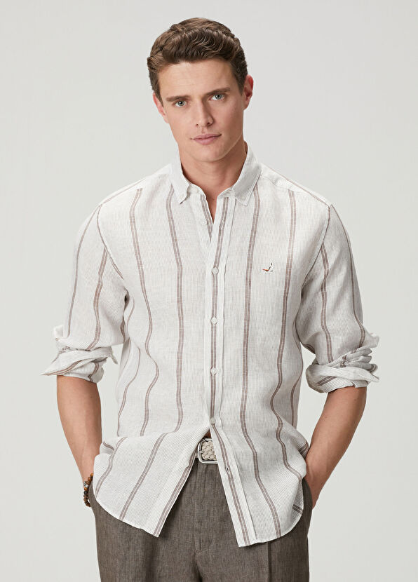 Beymen Club Cream Brown Striped Linen Shirt - 1