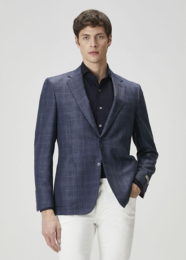 Canali Lacivert Ekose Desenli Ceket - 1