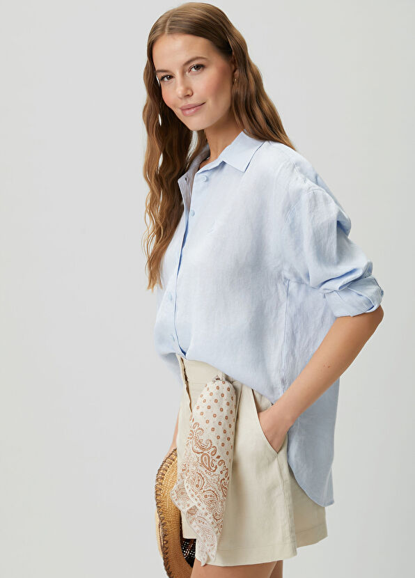 Beymen Club Oversize Light Blue Logo Linen Shirt - 2