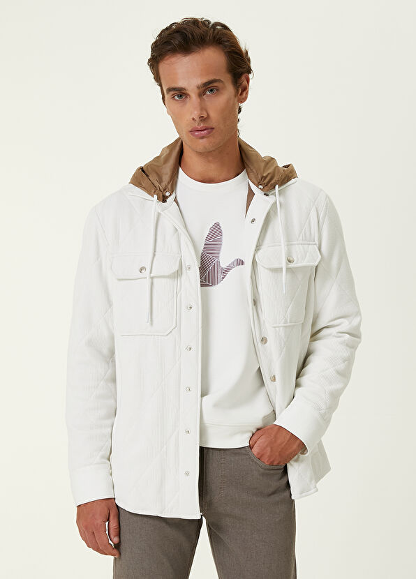 Beymen Club Beyaz Kapüşonlu Kapitoneli Kadife Dış Gömlek - 1