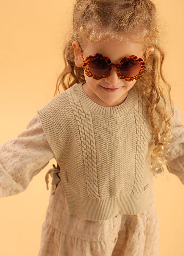 Patique Kids Beige Brode Knitwear Sweater Cotton Girl's Dress - 3