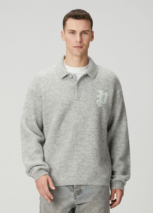 Purple Brand Açık Gri Polo Yaka Logo Jakarlı Yün Kazak - 1