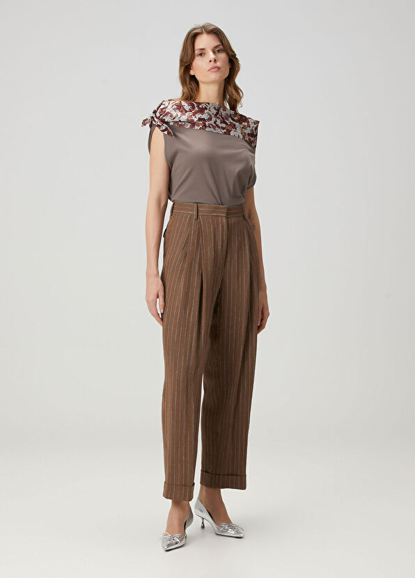 Dries Van Noten Partan Kahverengi Çizgili Keten Pantolon - 1