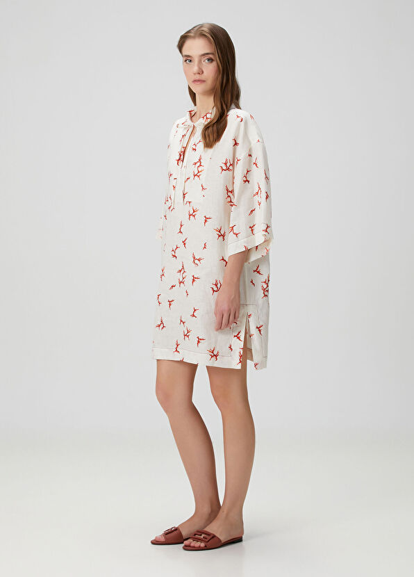 Fendi Beyaz Kırmızı Mercan Desenli Keten Kaftan - 2