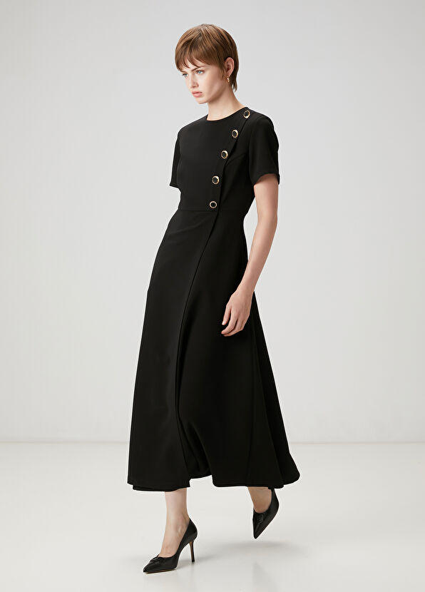 Beymen Club Siyah Gold Düğmeli Midi Elbise - 2