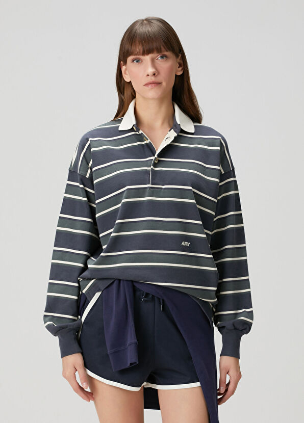 Autry Navy Blue Green Striped Polo Sweatshirt - 1