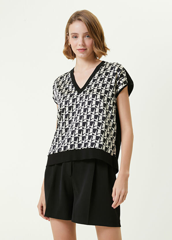 Beymen Club Ekru Siyah V Yaka Logo Desenli Kazak - 3