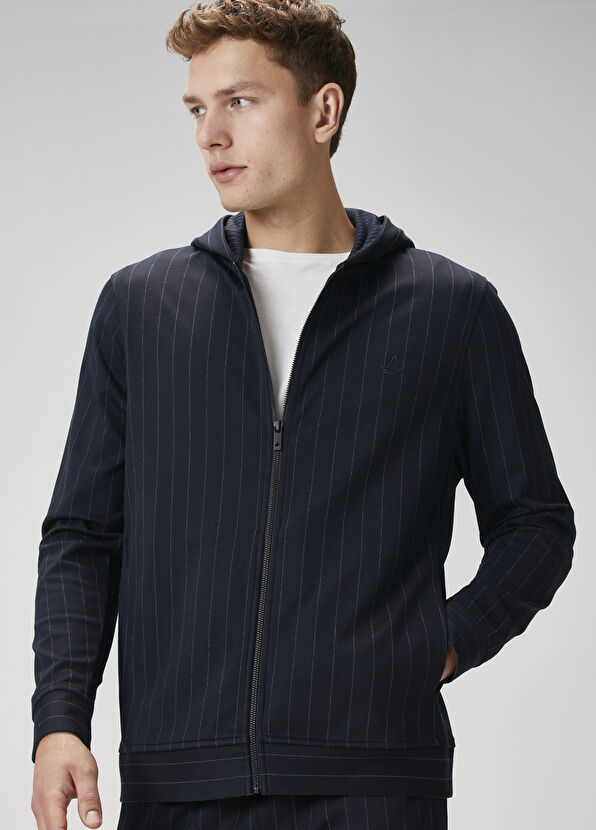 Beymen Club Lacivert Kapüşonlu Çizgi Desenli Hırka - 2