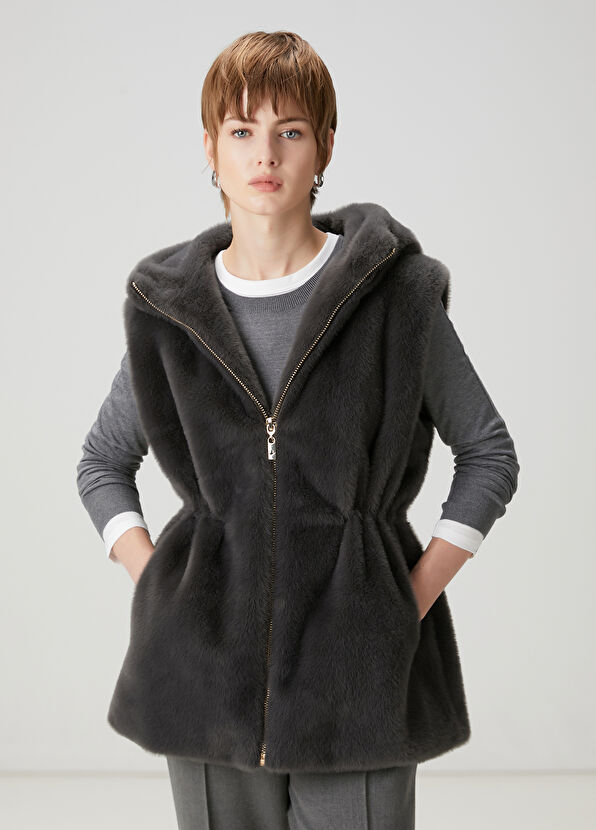 Beymen Club Antrasit Beli Büzgülü Kürk Yelek - 1