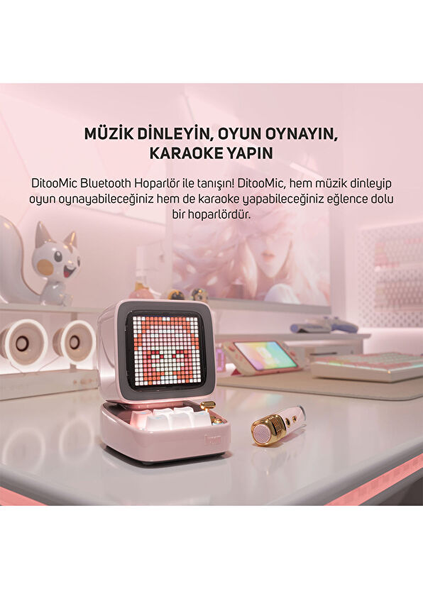Divoom Ditoo-5M Pembe Kablosuz Uyarlanabilir Piksel Ekranlı Taşınabilir Karaoke Mikrofonlu Bluetooth Hoparlör - 3