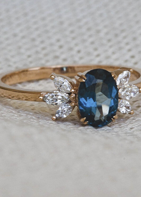 Safir Mücevher Hazine Blue Topaz Pırlanta 14 Ayar Rose Gold Kadın Altın Yüzük - 2