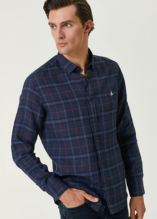 Beymen Club Lacivert Ekose Desenli Kırmızı Şeritli Gömlek - 2