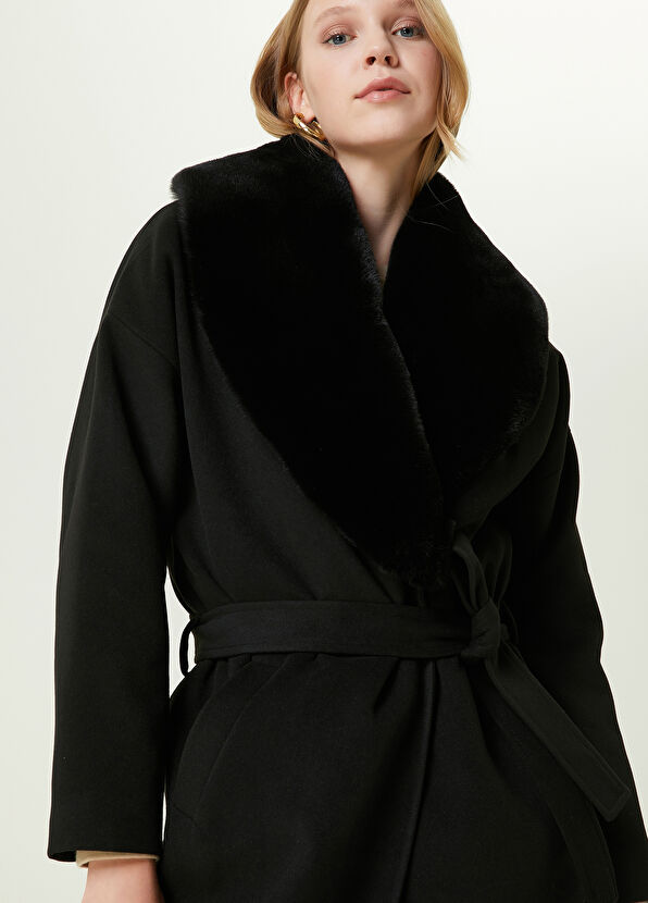 Beymen Club Siyah Suni Kürk Yaka Kruvaze Palto - 4