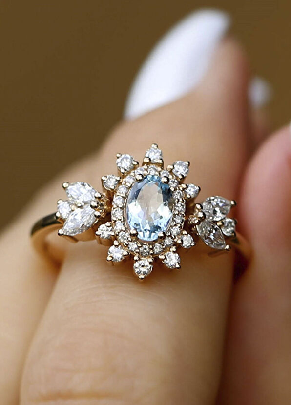 Safir Mücevher Hazine Aquamarine Pırlanta 14 Ayar Kadın Altın Yüzük - 2