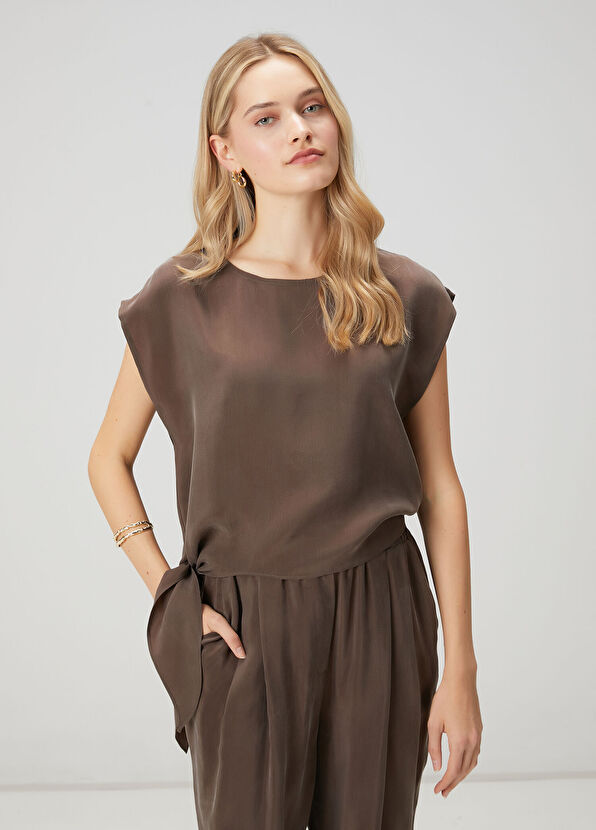 Beymen Club Kahverengi Düğüm Detaylı Cupro Bluz - 4