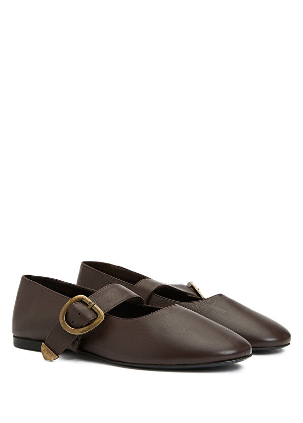 Beymen Club Mary Jane Dark Brown Women's Leather Ballet Flats - 2