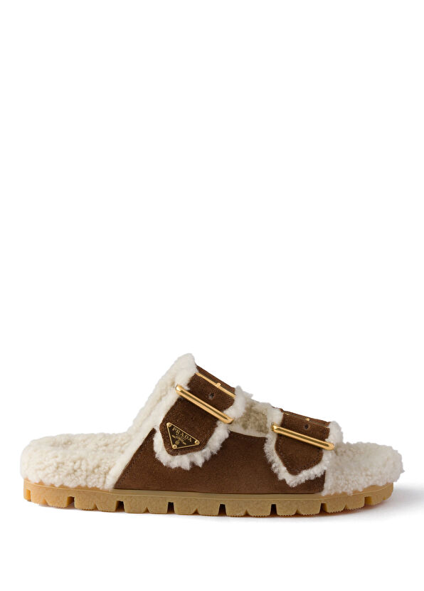 Prada Shearling Brown Suede Women's Slippers - 1