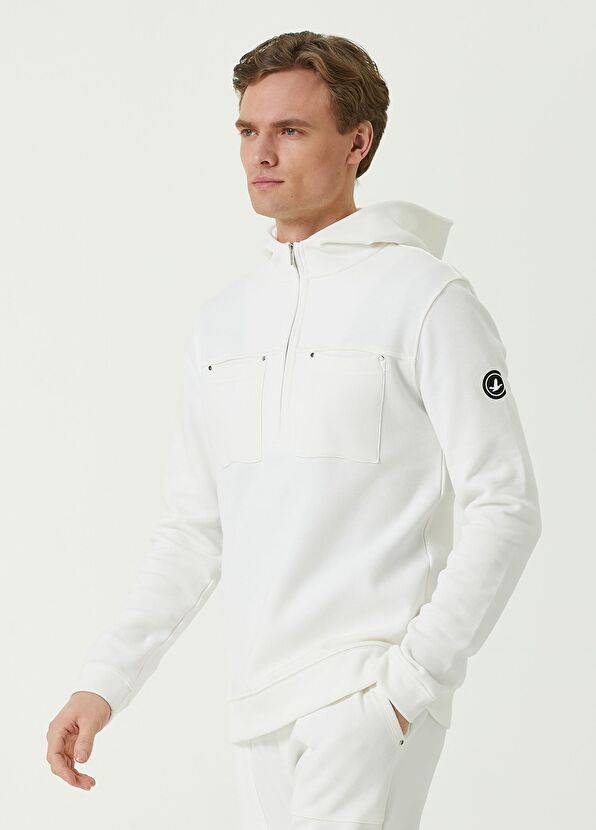 Beymen Club Beyaz Kapüşonlu Yarım Fermuarlı Sweatshirt - 3