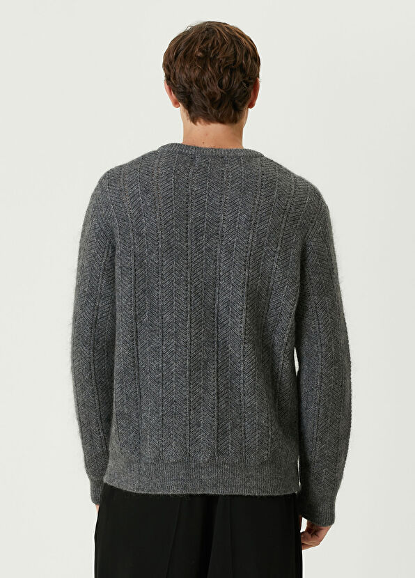 Solid Homme Gri Zikzak Dokulu Yün Kazak - 4