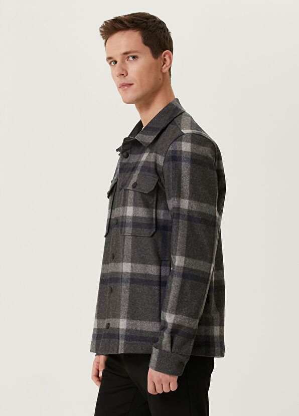 Beymen Club Koyu Gri Kapüşonlu Ekoseli Yün Flannel Dış Gömlek - 4