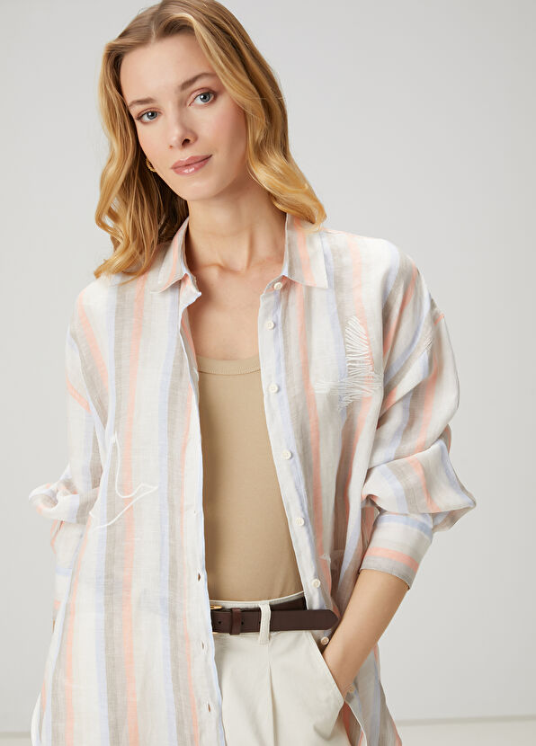 Beymen Club Somon Çizgili Keten Gömlek - 1