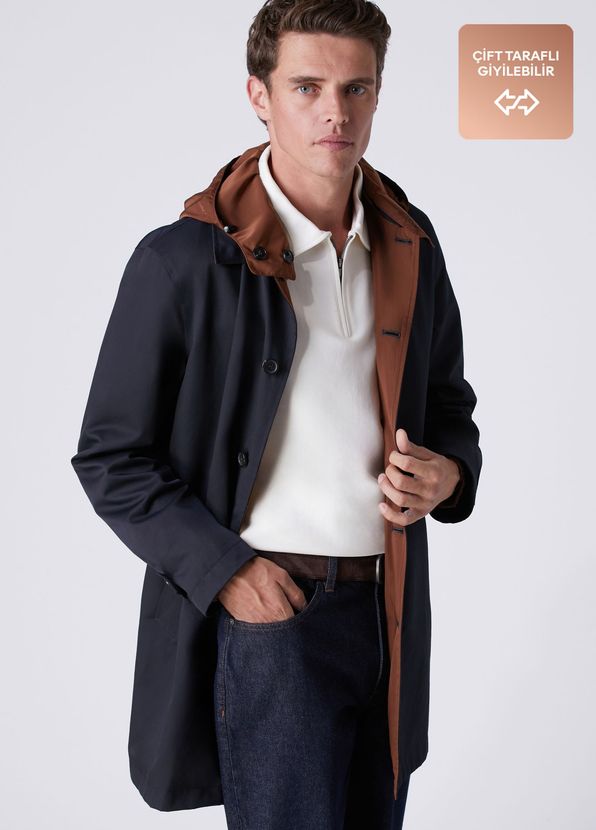Beymen Club Navy Blue Tan Hooded Reversible Overcoat - 1