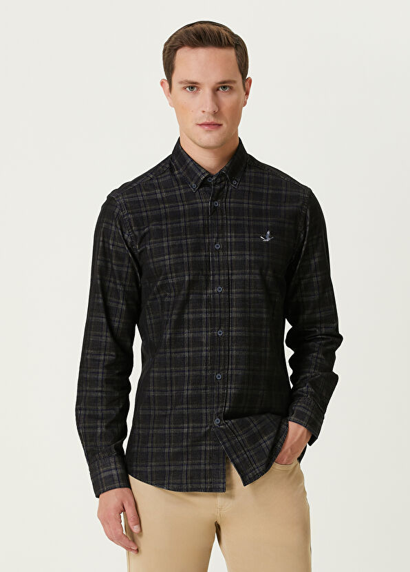 Beymen Club Navy Blue Plaid Patterned Velvet Shirt - 1