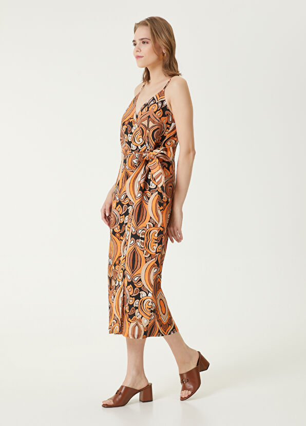 Beymen Club Kahverengi Desenli Midi Keten Anvelop Elbise - 4