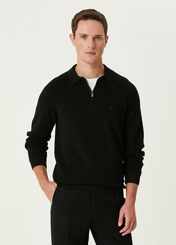 Beymen Club Black Raglan Sleeves Wool Polo Sweater - 1