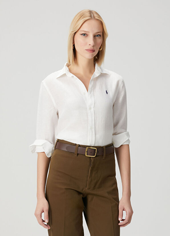 Classic Fit Beyaz Keten Gömlek - Görsel 2