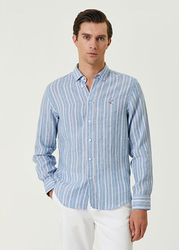 Beymen Club Comfort Fit Mavi Çizgi Desenli Keten Gömlek - 1