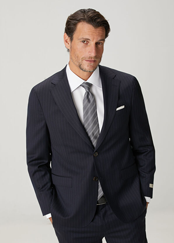 Drop 4 Lacivert Çizgi Desenli Yün Takım Elbise - Görsel 3