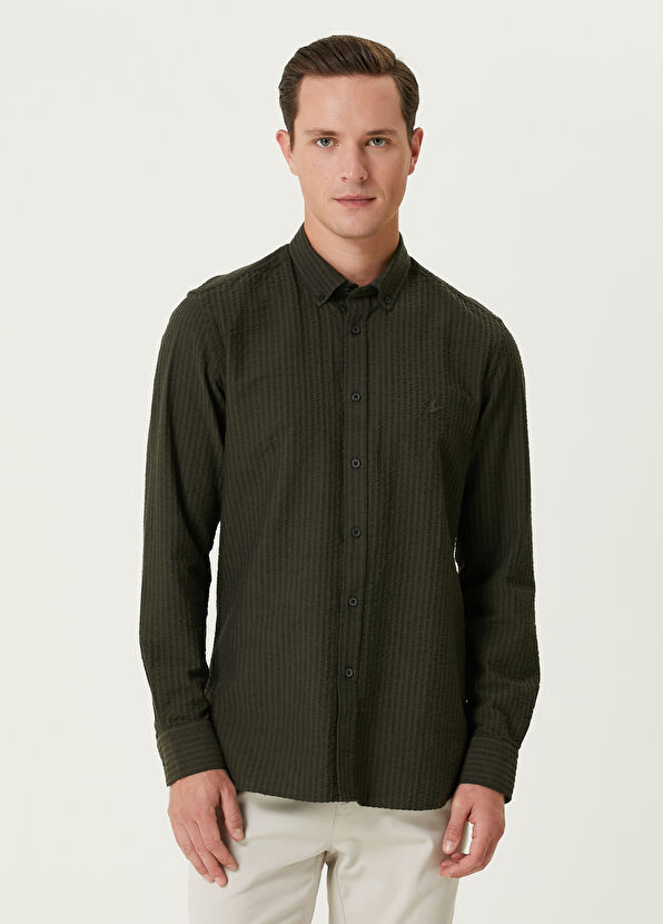 Beymen Club Slim Fit Khaki Embossed Textured Shirt - 1