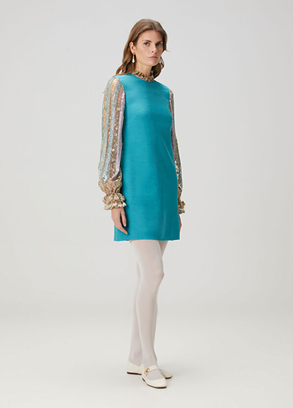 Valentino Mavi Payet İşlemeli Mini Yün Elbise - 2