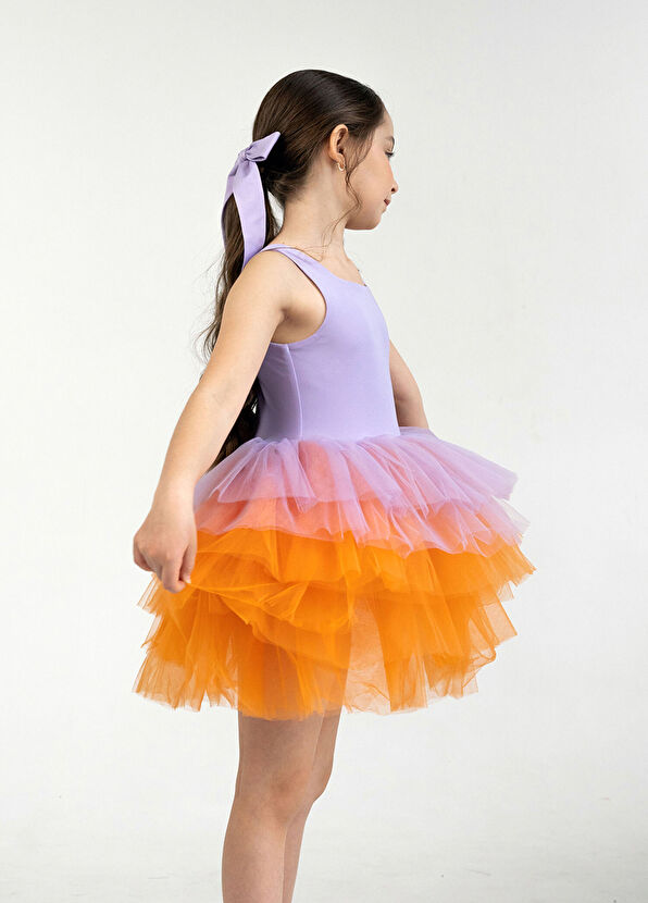 Mini Celebrities Lila Turuncu Kolsuz Kız Çocuk Tütülü Elbise - 2