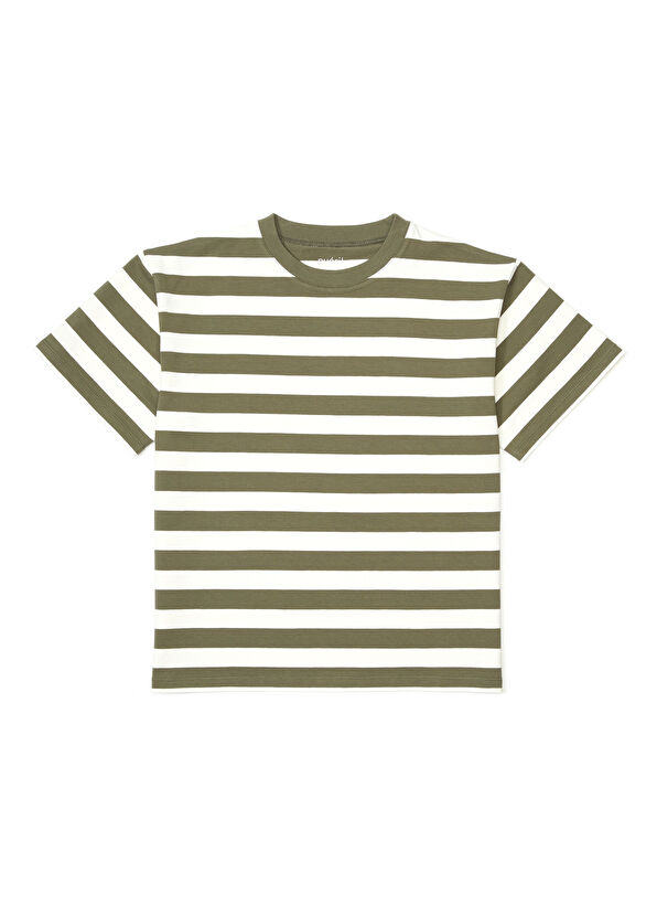 Pueril Haki Beyaz Çizgili Kız Çocuk T-shirt - 1