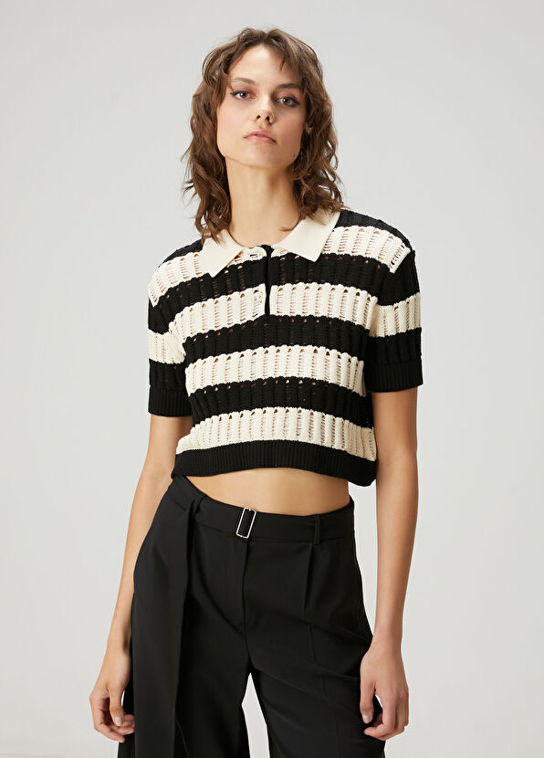 Academia Ekru Siyah Cropped Triko - 3