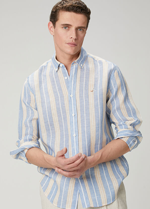 Beymen Club Comfort Fit Blue Stripe Patterned Linen Shirt - 2