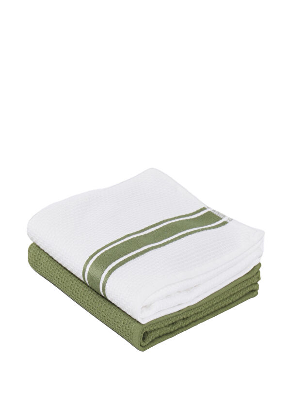 Ecocotton Elvin Yeşil Krem Organik Pamuk Dokuma 2'li Kurulama Havlusu Seti - 2