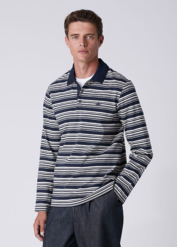 Beymen Club Comfort Fit Navy Blue White Striped Polo Sweatshir - 4