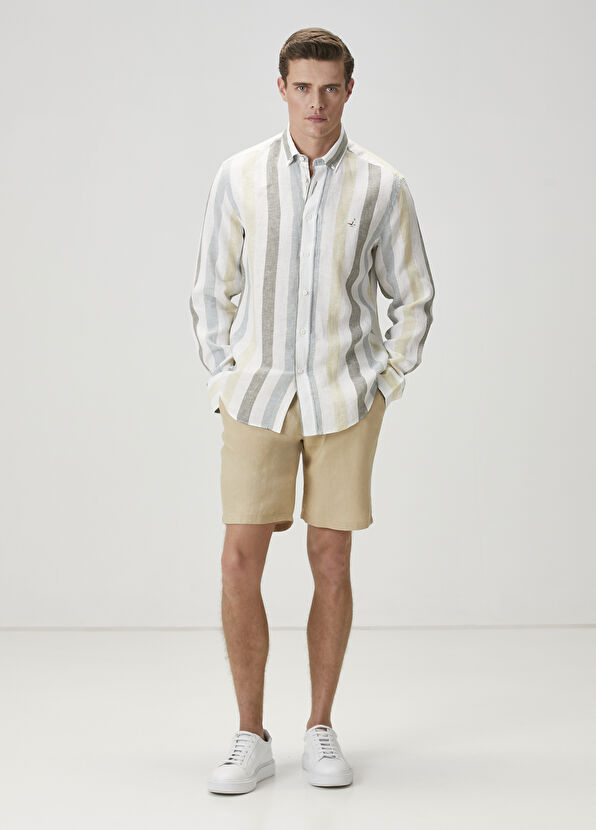 Beymen Club Comfort Fit Yeşil Çizgi Desenli Keten Gömlek - 3