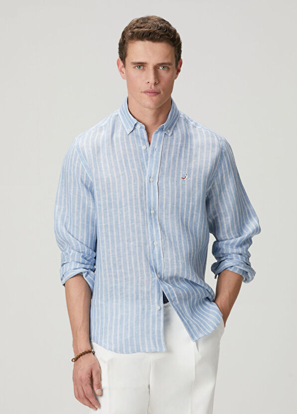 Beymen Club Comfort Fit Blue Stripe Patterned Linen Shirt - 2