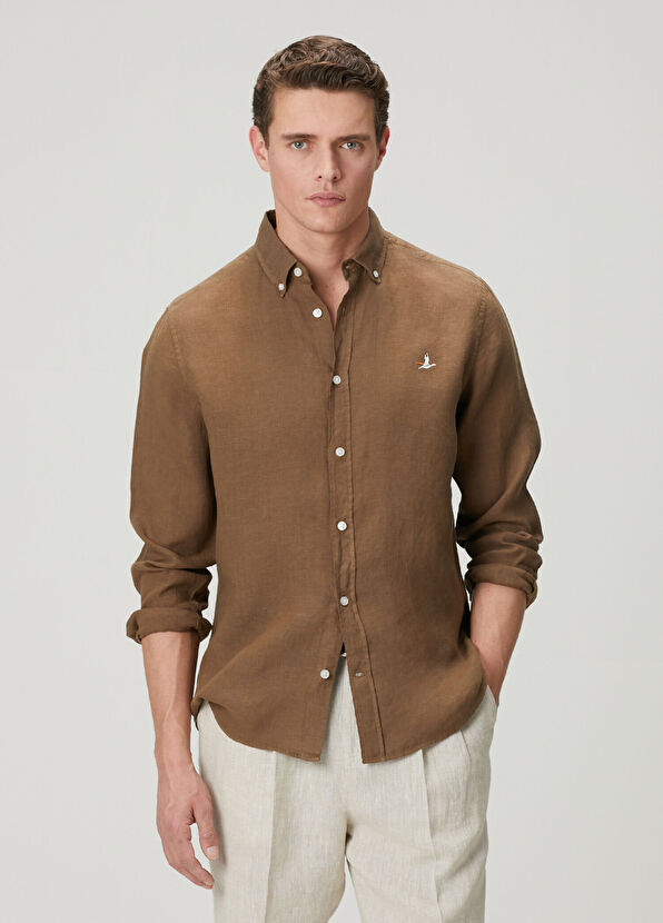 Beymen Club Comfort Fit Kahverengi Keten Gömlek - 1