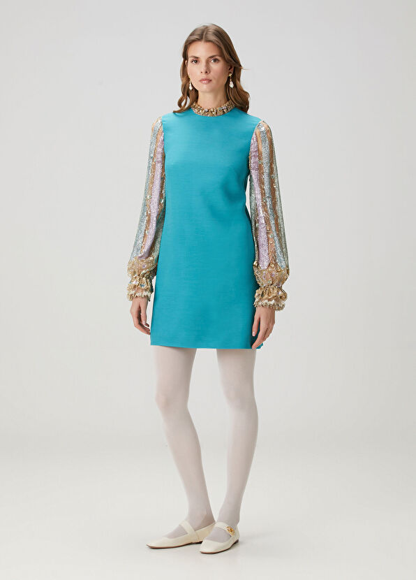 Valentino Mavi Payet İşlemeli Mini Yün Elbise - 1