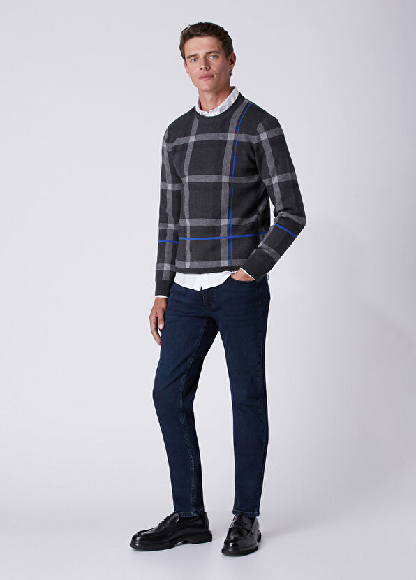 Beymen Club Anthracite Plaid Patterned Sax Striped Sweater - 3