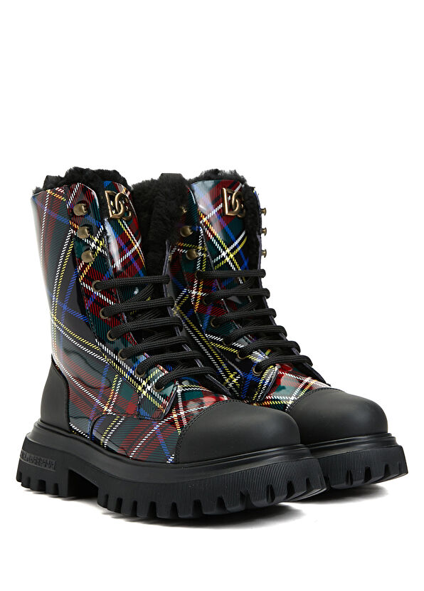 Dolce&Gabbana Lacivert Ekoseli Kız Çocuk Deri Bot - 2