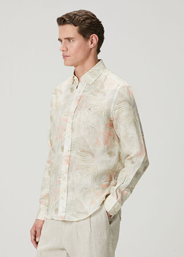 Beymen Club Comfort Fit Yeşil Yaprak Desenli Keten Gömlek - 4