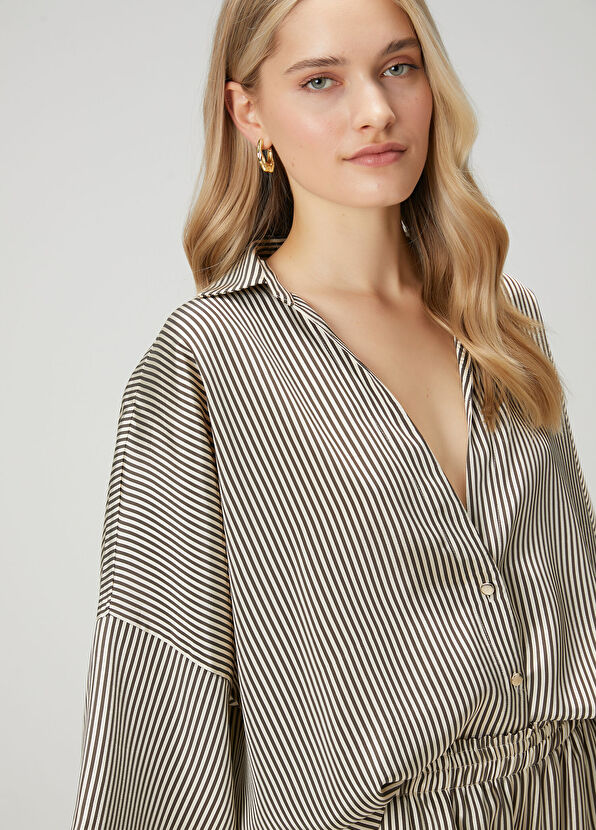 Beymen Club Bej Kahve Çizgili Saten Gömlek - 2