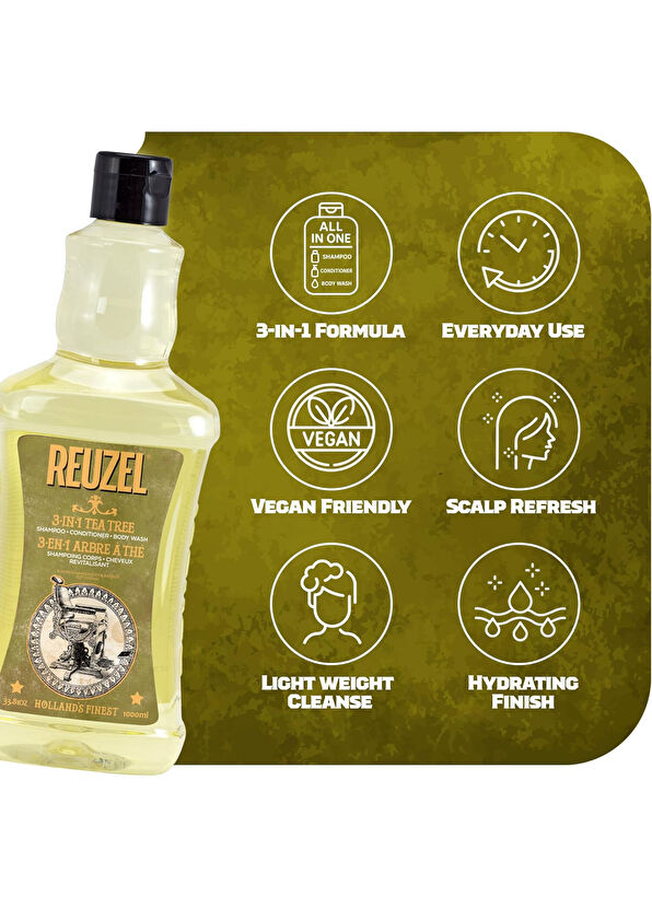 Reuzel 3 in 1 Tea Tree Erkekler İçin Ferahlatıcı Şampuan + Saç Kremi + Duş Jeli 1000 ml - 2