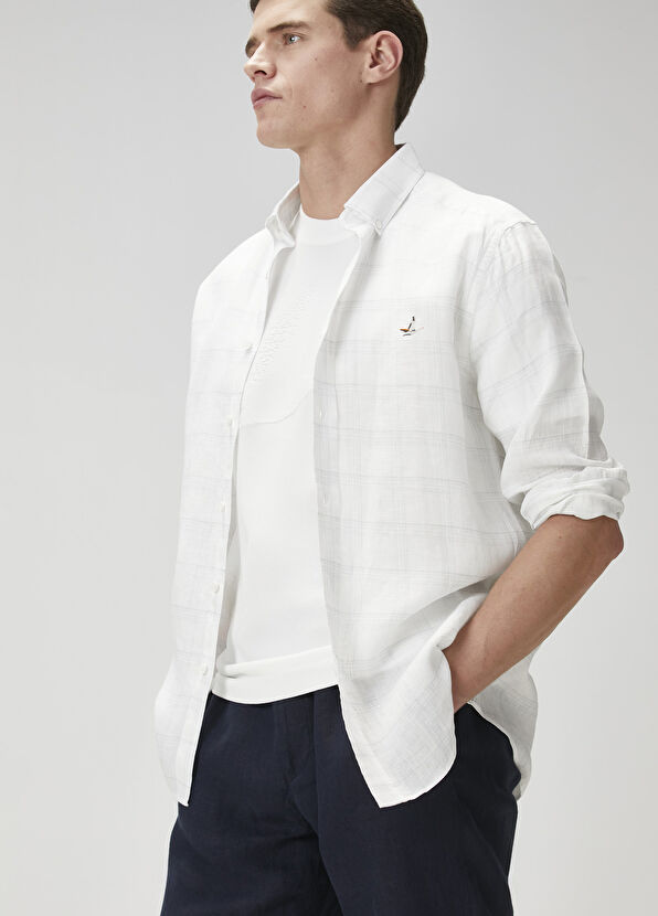 Beymen Club Comfort Fit Beyaz Ekose Desenli Keten Gömlek - 2